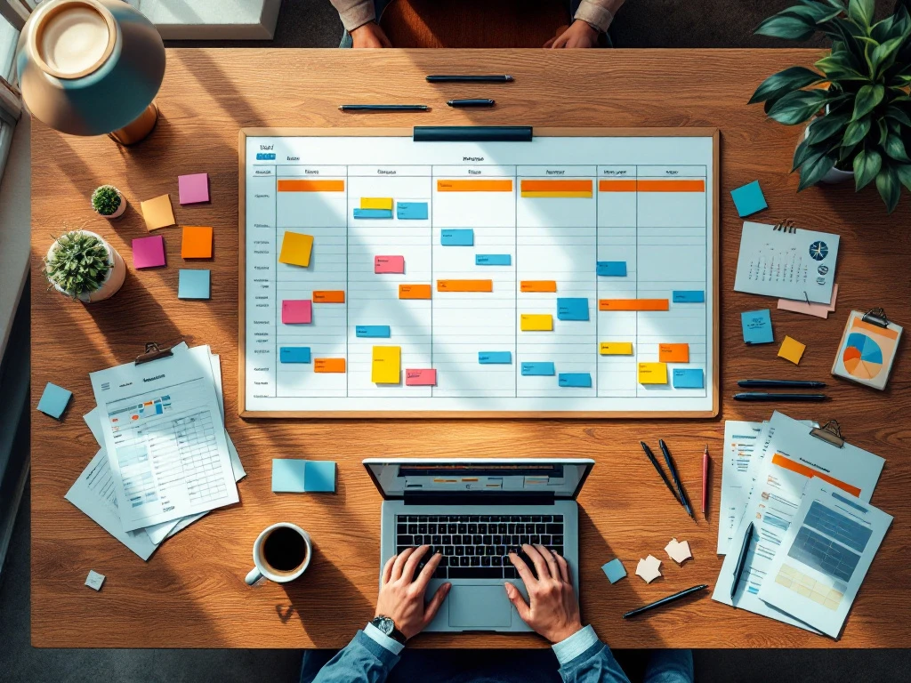 Houten bureau met grote weekplanning aan muur, laptop, documenten, notities en koffiekop voor personeelsplanning