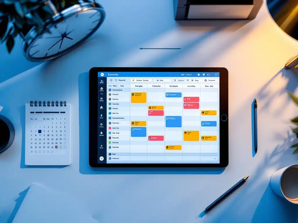 Tablet met digitaal personeelsrooster op modern bureau met klok, kalender en werkstroomdiagrammen
