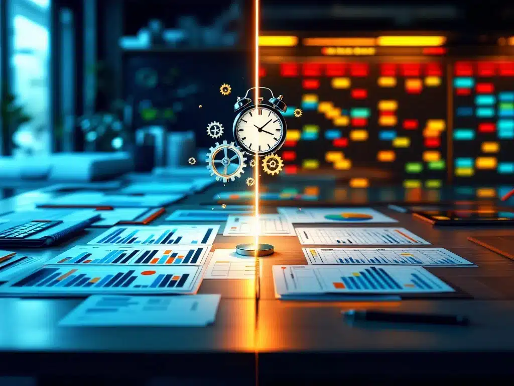 werkruimte-planning-scheduling-organisatie-kantoor.jpg Gesplitst werkruimtebeeld: georganiseerd bureau met planningsdocumenten links, dynamisch roosterboard rechts, gescheiden door klokonderdelen