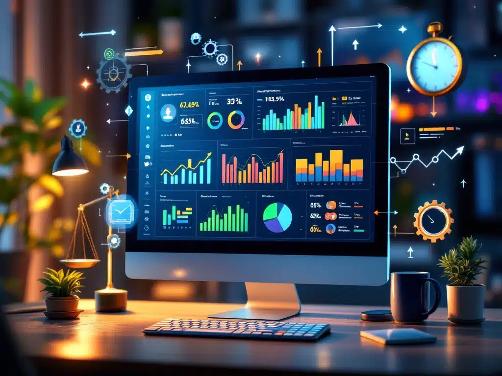Digitaal dashboard met productiviteitscharts en werknemersplanning boven modern bureau met klok en tandwielen