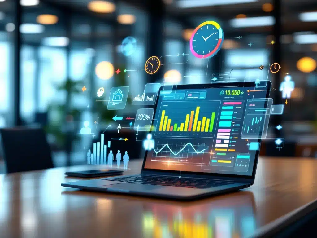 Laptop met kleurrijke planningsgrafieken op modern bureau, omringd door holografische werkstroom-elementen in kantooromgeving