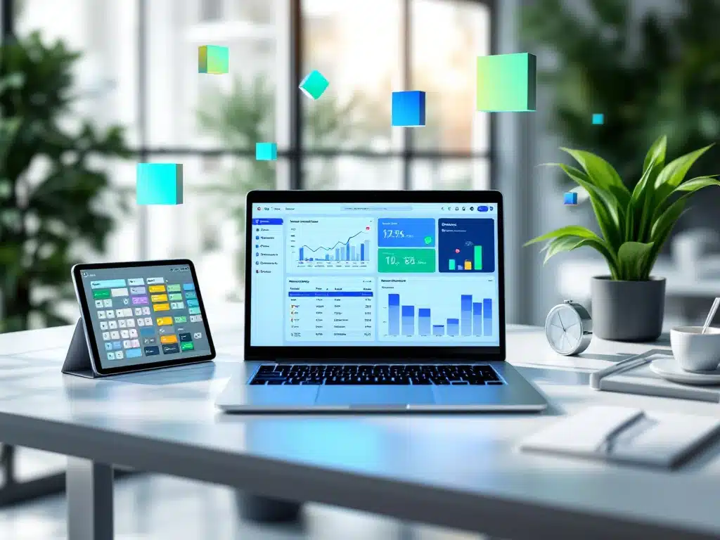 workforce-management-software-kantoor-dashboard.jpg Moderne kantoorwerkplek met laptop en tablet die digitale personeelsplanning en kleurrijke grafieken tonen