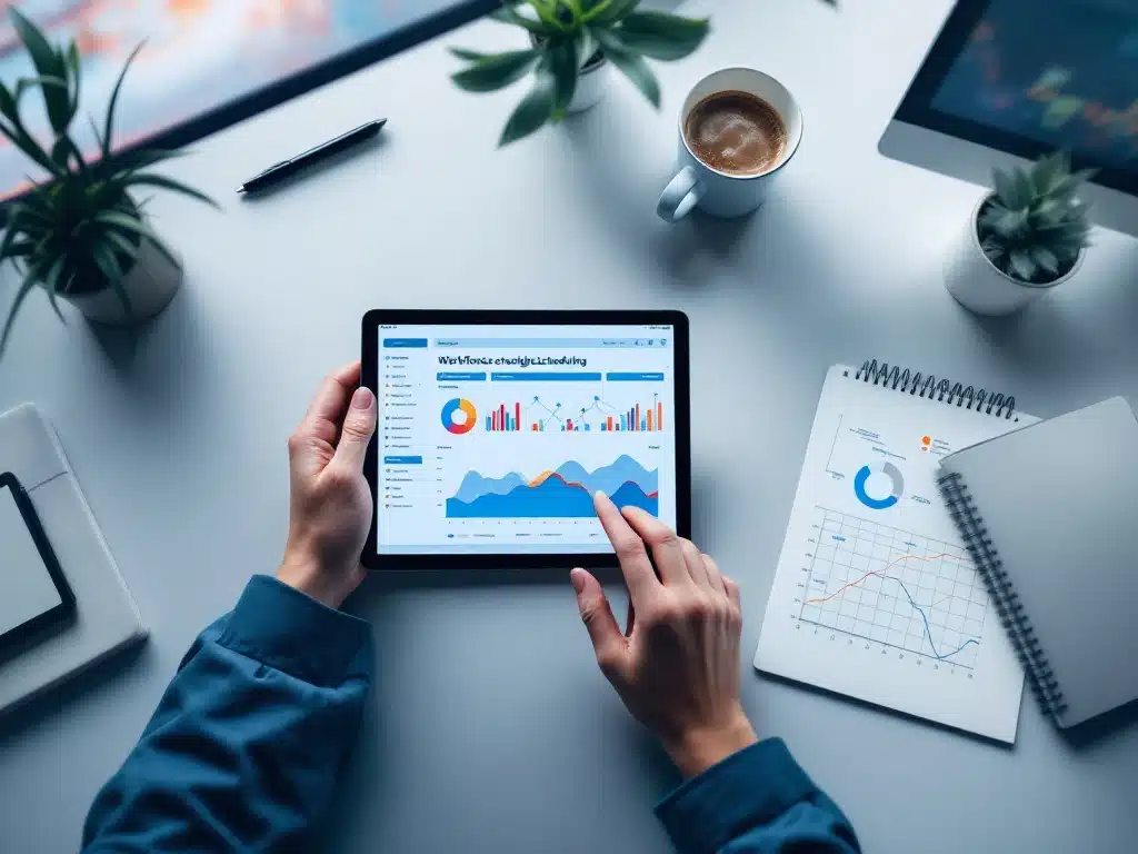 workforce-scheduling-software-tablet-office-desk.jpg Digitale tablet toont personeelsplanning grafieken op modern bureau met pen, notitieblok en koffie van bovenaf gezien