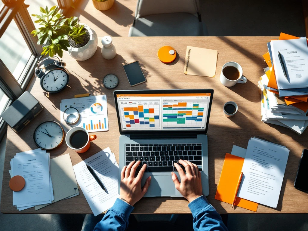 Moderne laptop met kleurrijke planningsoftware op bureau omringd door klokken, koffiekopjes en papieren documenten