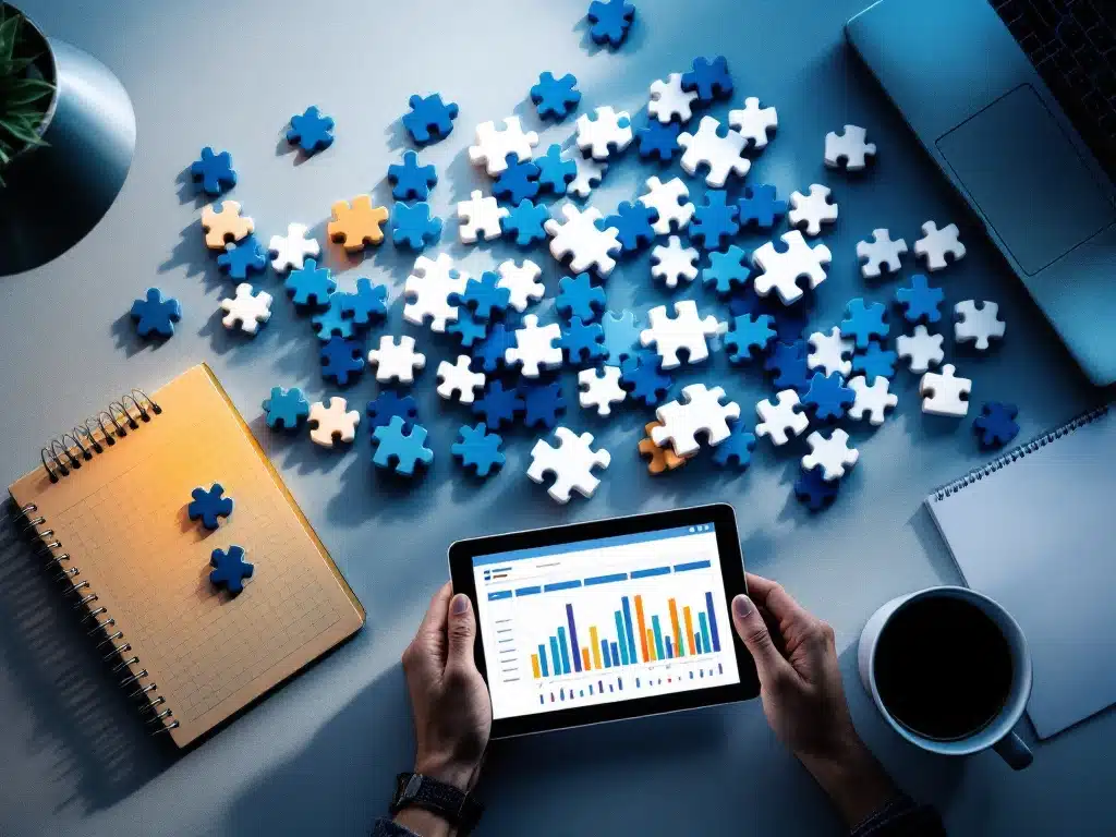 Bovenaanzicht van modern kantoorbureau met blauwe puzzelstukjes, tablet met grafieken en koffiekop voor workforce planning