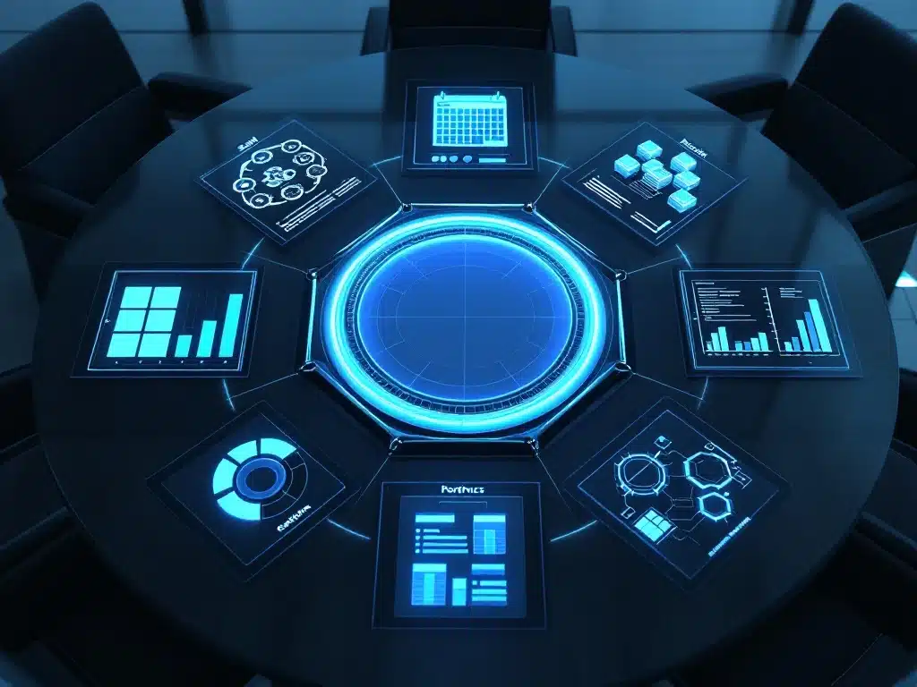workforce-planning-strategische-elementen-conferentietafel.jpg Luchtfoto van glazen vergadertafel met zeven strategische planningselementen in cirkel gerangschikt met blauwe verlichting
