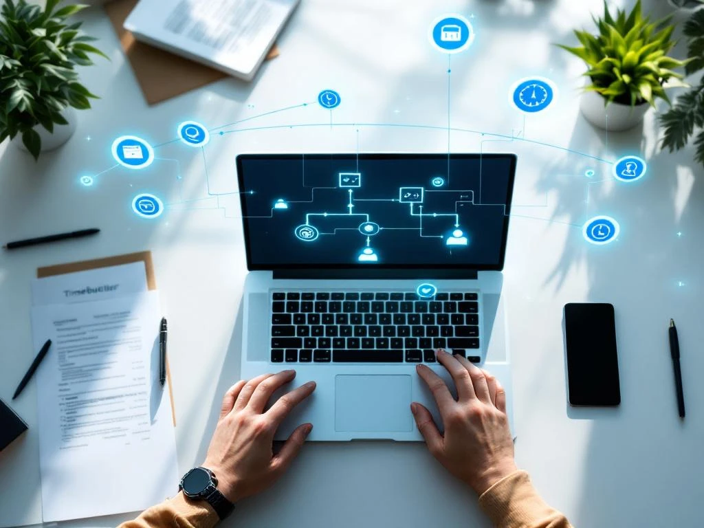 automated-verlofbeheer-workflow-kantoor-systeem.jpg Laptop toont digitaal workflow diagram met goedkeuringsknooppunten op modern bureau met holografische kalenderpictogrammen