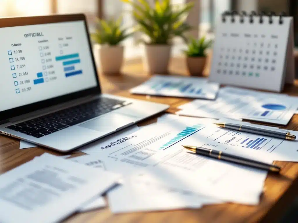 documenten-aanvraag-formulieren-bureau-laptop.jpg Houten bureau met officiële documenten, aanvraagformulieren, laptop met digitale interface en moderne kalender