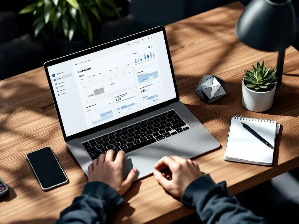 digitale-werkplek-dashboard-kantoor-bureau.jpg Moderne kantoorwerkplek met laptop met dashboard, smartphone, koffiekop en kantoorbenodigdheden op houten bureau