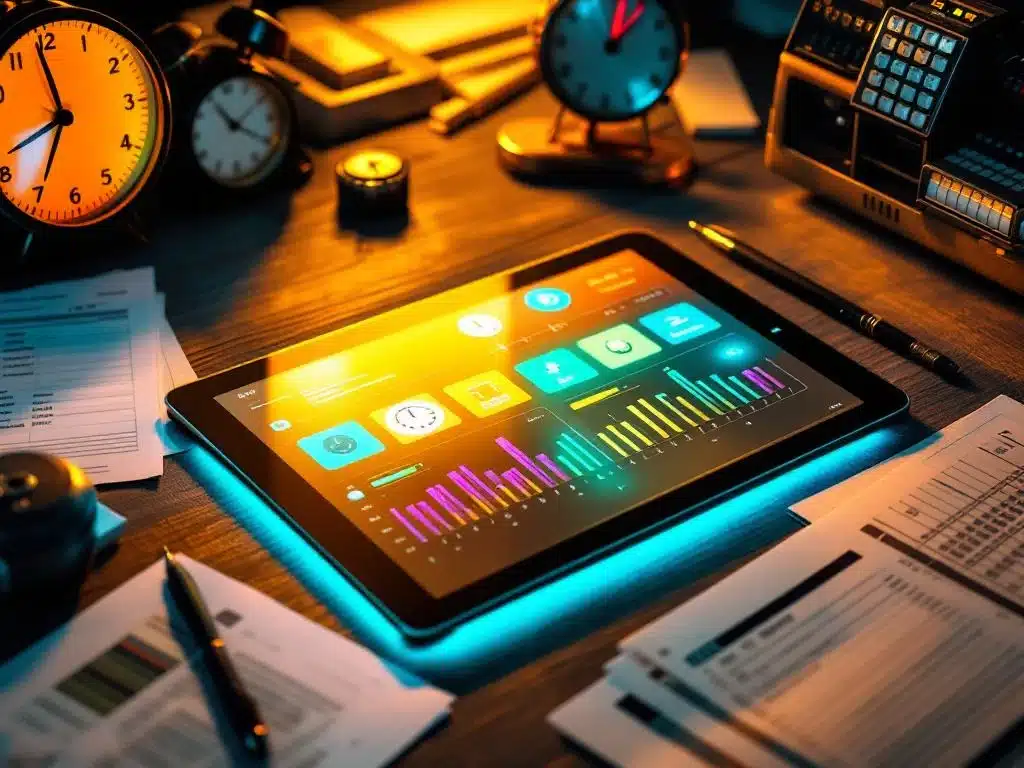 digitale-tijdregistratie-software-moderne-kantoor.jpg Digitale tablet met tijdregistratie-interface op bureau, omringd door vervaagde analoge klokken en ouderwetse prikklok