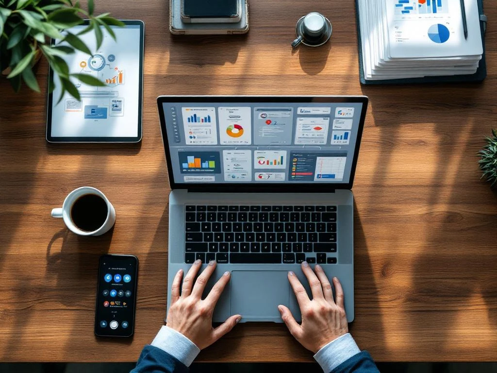 workflow-automatisering-digitale-transformatie-kantoor.jpg Houten bureau van bovenaf met laptop met werkstroomdiagrammen, smartphone, documenten en tablet voor digitale transformatie