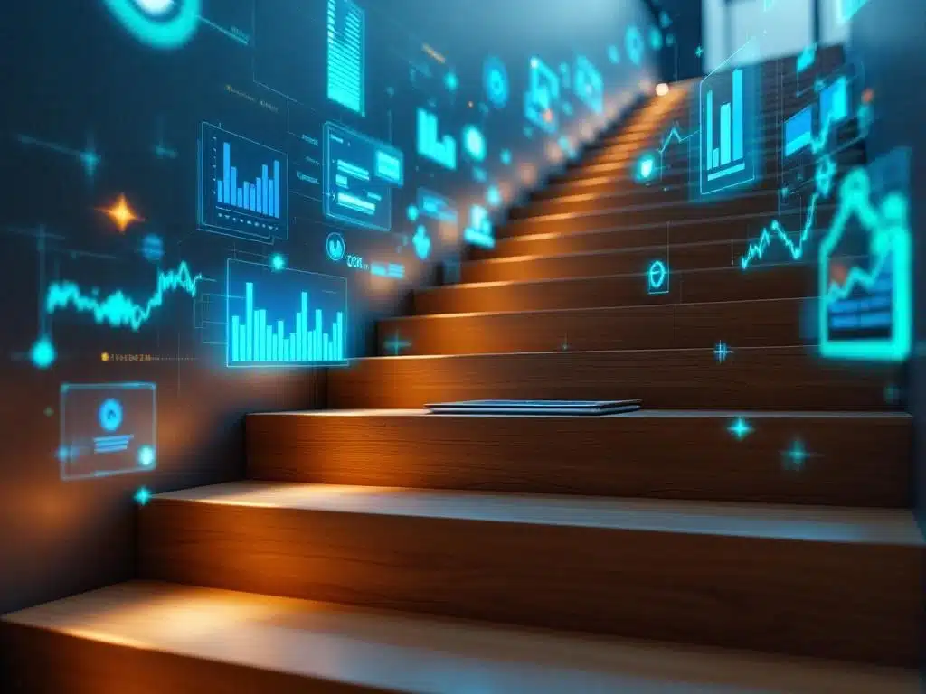 digitale-workflow-trap-organisatie-timebutler.jpg Houten trap omhoog met zwevende digitale interface-elementen en tablet met organisatieschema's in professionele omgeving