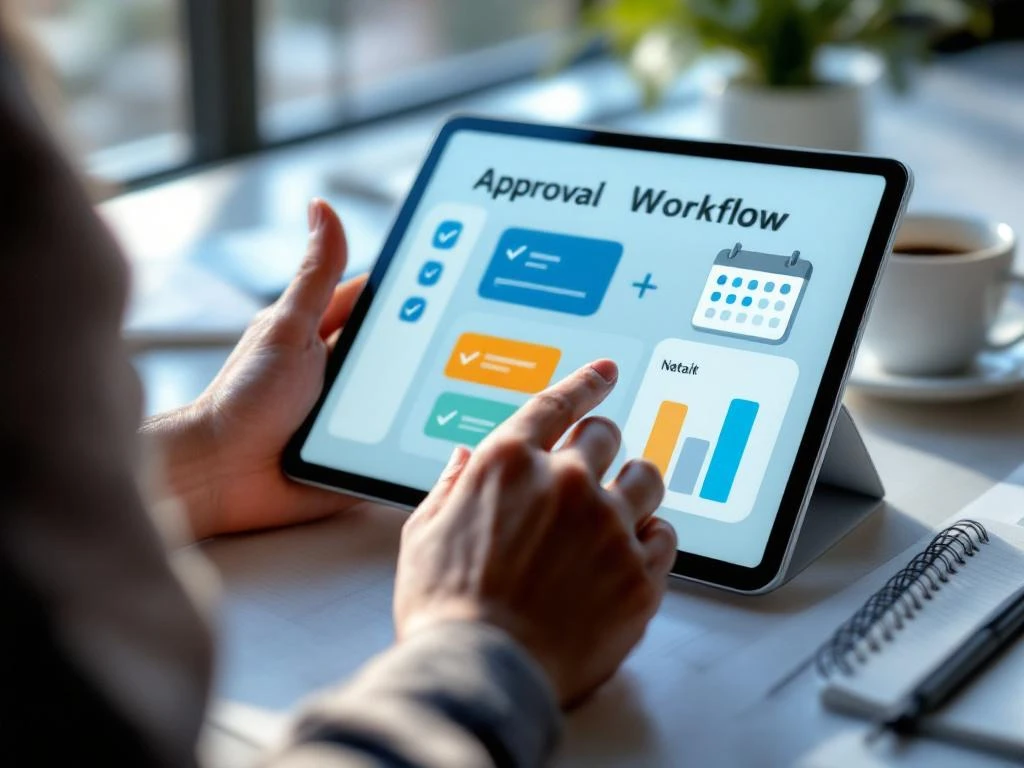 workflow-goedkeuring-tablet-kantoor-interface.jpg Handen die een tablet gebruiken met goedkeuringswerkstroom interface op modern bureau met koffiekop en notitieblok