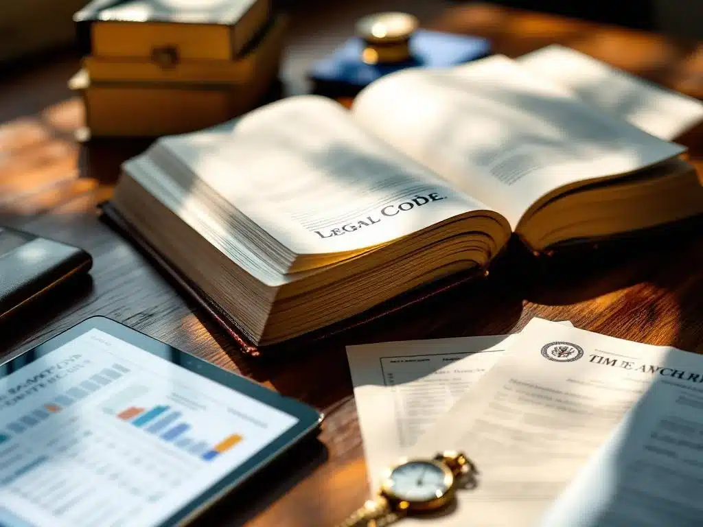 legal-codebook-bureau-tijdregistratie-documenten.jpg Houten bureau met opengeslagen wetboek, zakhorloge, tablet en officiële documenten met zegels in natuurlijk licht