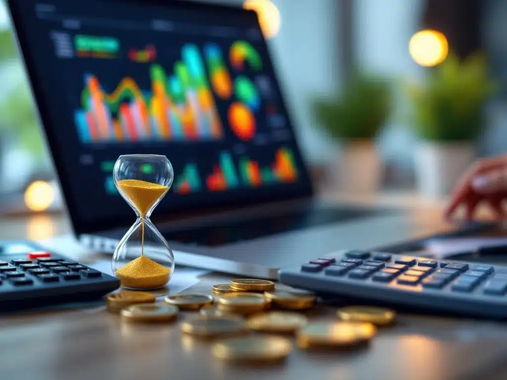 kosten-analyse-software-bureau-financieel-dashboard.jpg Laptop met kleurrijke kostenanalyse grafieken op bureau met eurogeld, rekenmachine en zandloper