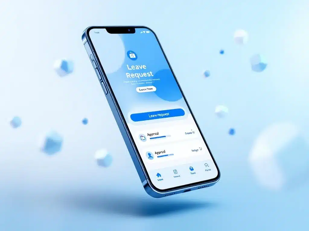 leave-request-app-smartphone-interface-ui.jpg Smartphone met leave request app interface toont kalender iconen, goedkeuringsknoppen en meldingen in blauw-wit design