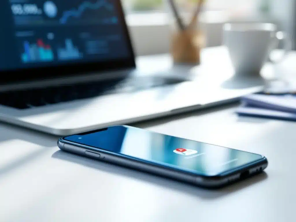 smartphone-notificatie-dashboard-kantoor-automatisering.jpg Smartphone met rode notificatie-badge op wit bureau naast laptop met dashboard, kantooromgeving met natuurlijk licht