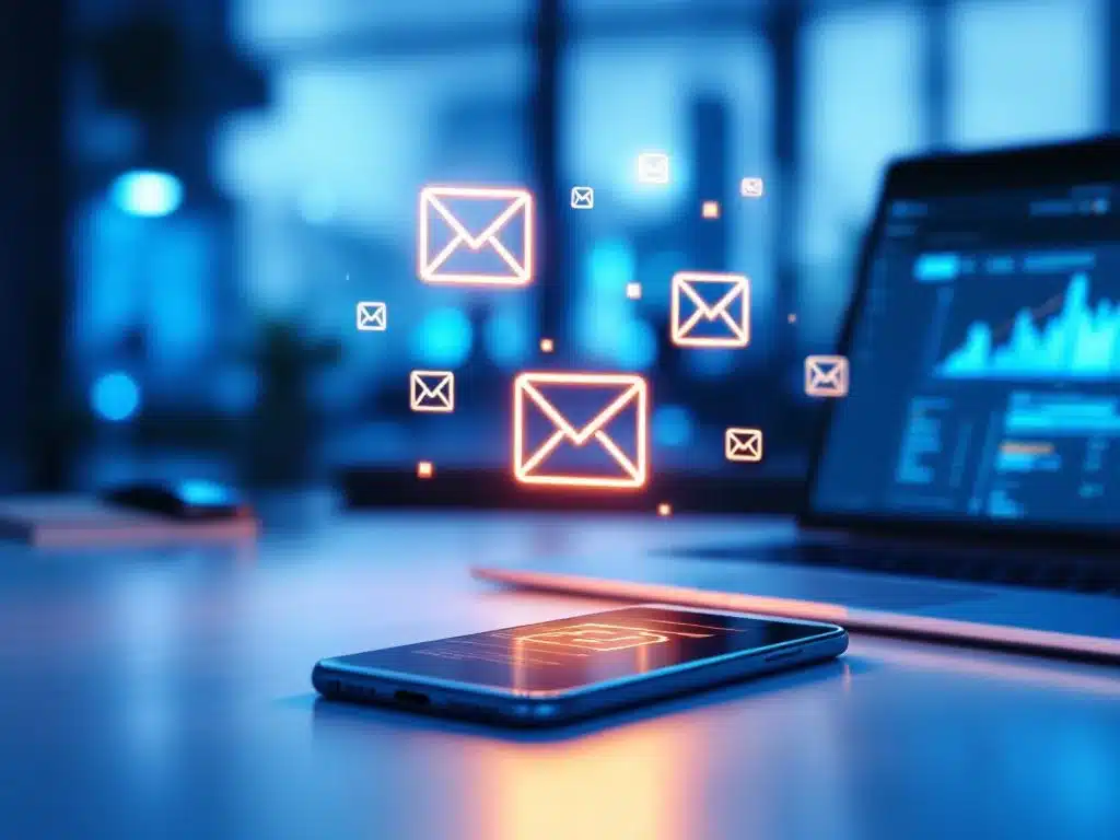 automatische-notificaties-smartphone-kantoor-workflow.jpg Smartphone met notificatie-alerts en e-mailiconen naast laptop op modern bureau met geautomatiseerde workflow-symbolen