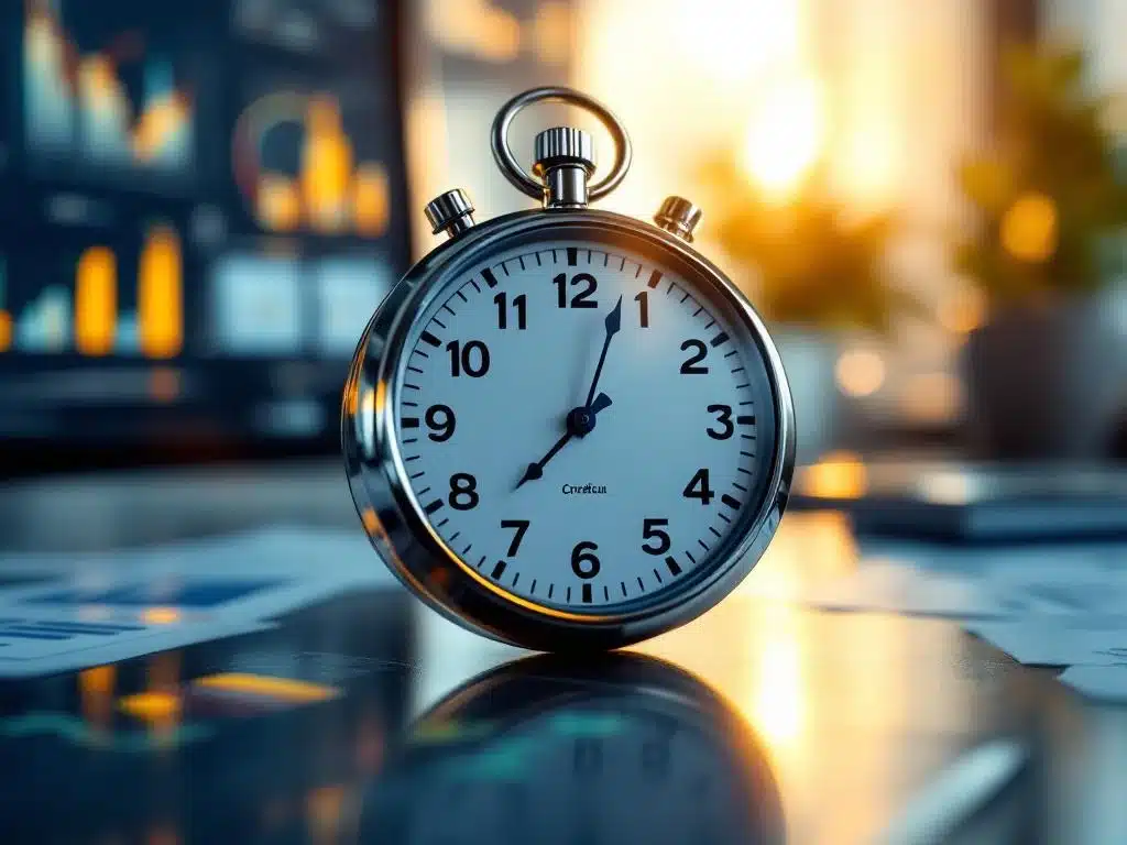 stopwatch-tijdmeting-productiviteit-kantoor.jpg Zilveren stopwatch in close-up met heldere cijfers tegen wazige kantoorachtergrond met productiviteitsgrafiekjes