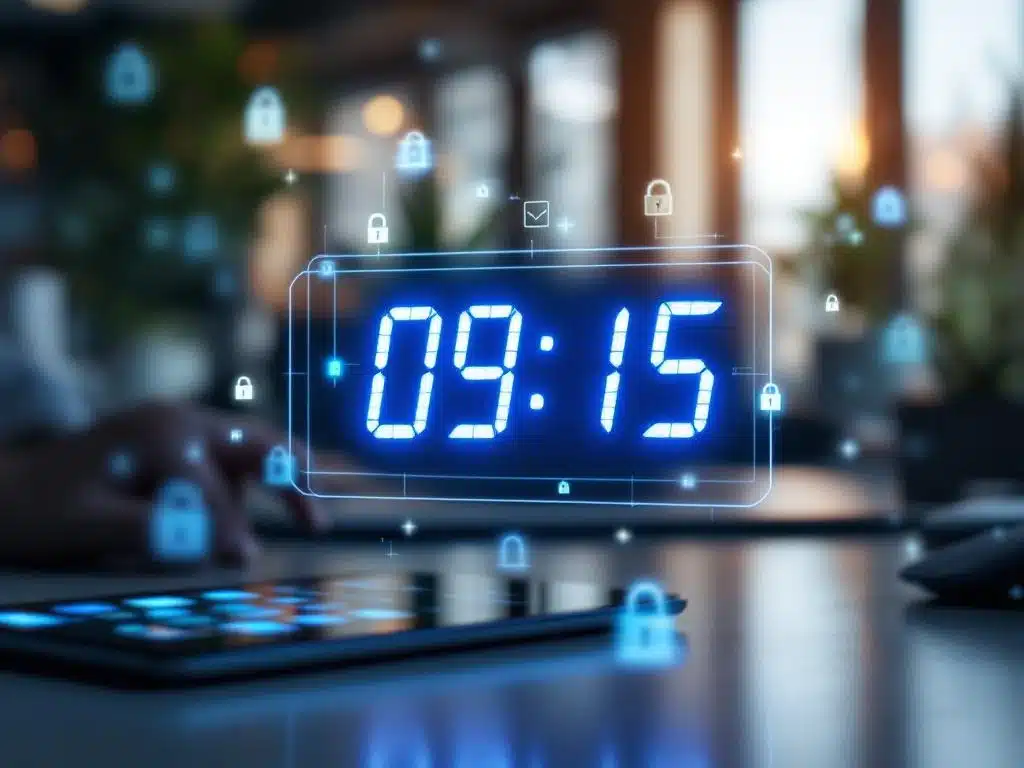 tijd-tracking-privacy-digitale-klok-kantoor.jpg Digitale klok toont 09:15 in blauwe LED-cijfers met privacy-iconen en vergrendelingssymbolen in kantooromgeving