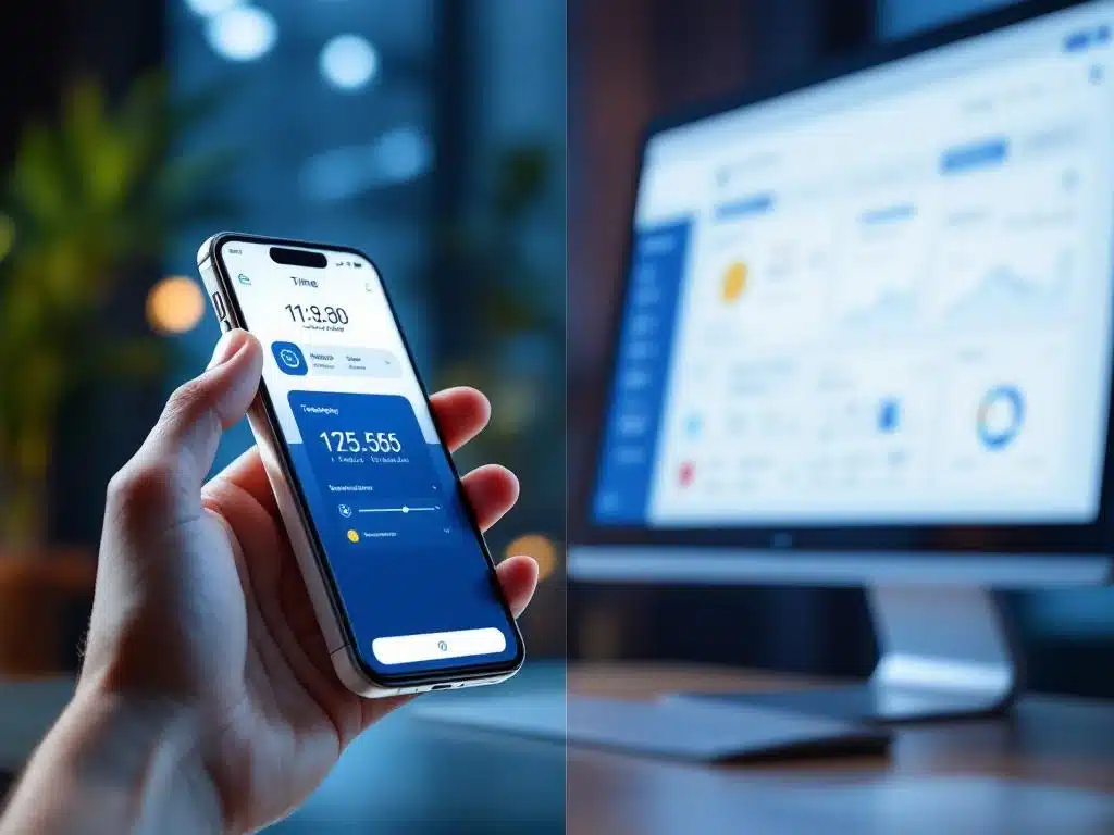 time-tracking-mobiel-desktop-vergelijking-app.jpg Split-screen vergelijking van tijdregistratie-app op smartphone versus desktop dashboard in moderne kantooromgeving