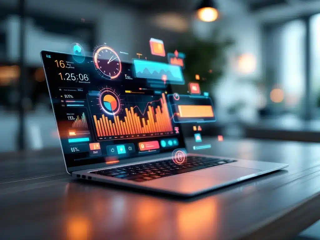 tijd-tracking-software-hologram-werkplek.jpg Moderne laptop met 3D holografische tijdregistratie-interface elementen zwevend boven scherm in minimalistische werkruimte