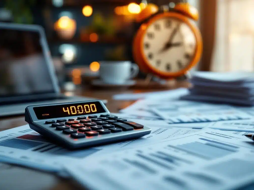 tijdregistratie-calculator-loonberekening-kantoor.jpg Rekenmachine toont 40:00 op bureau met tijdregistraties, laptop met spreadsheet en klok die overuren na 17:00 weergeeft