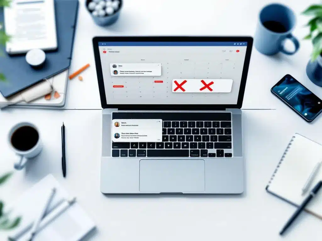 vakantie-planning-conflict-kantoor-bureau.jpg Laptop met digitale agenda toont vakantie planningsconflicten met rode waarschuwingen op modern kantoorbureau
