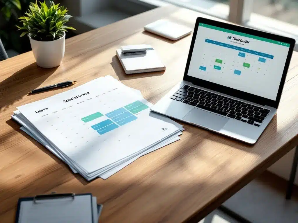 verlof-aanvragen-hr-management-systeem-kantoor.jpg Bureaudesk met open kalender met gemarkeerde verlofdata, laptop met HR-interface en goedgekeurde documenten op houten oppervlak