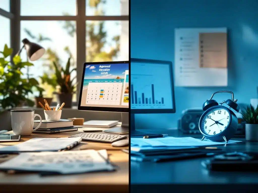 verlof-ziekteverzuim-beheer-kantoor-vergelijking.jpg Gesplitst kantoorbeeld: georganiseerd bureau met vakantiekalender links, zorgende werkplek met medische documenten rechts