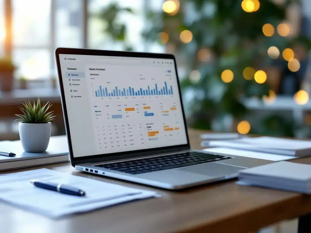 workforce-management-dashboard-kantoor-planning.jpg Moderne laptop op bureau toont kalenderdashboard interface, omringd door documenten en plant in professioneel kantoor