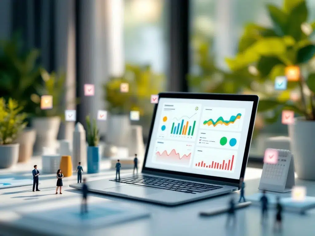 zakelijk-dashboard-analytics-kantoor-laptop.jpg Laptop met kleurrijke dashboard analytics op bureau, omringd door miniatuur kantoorgebouwen en zakelijke figuren