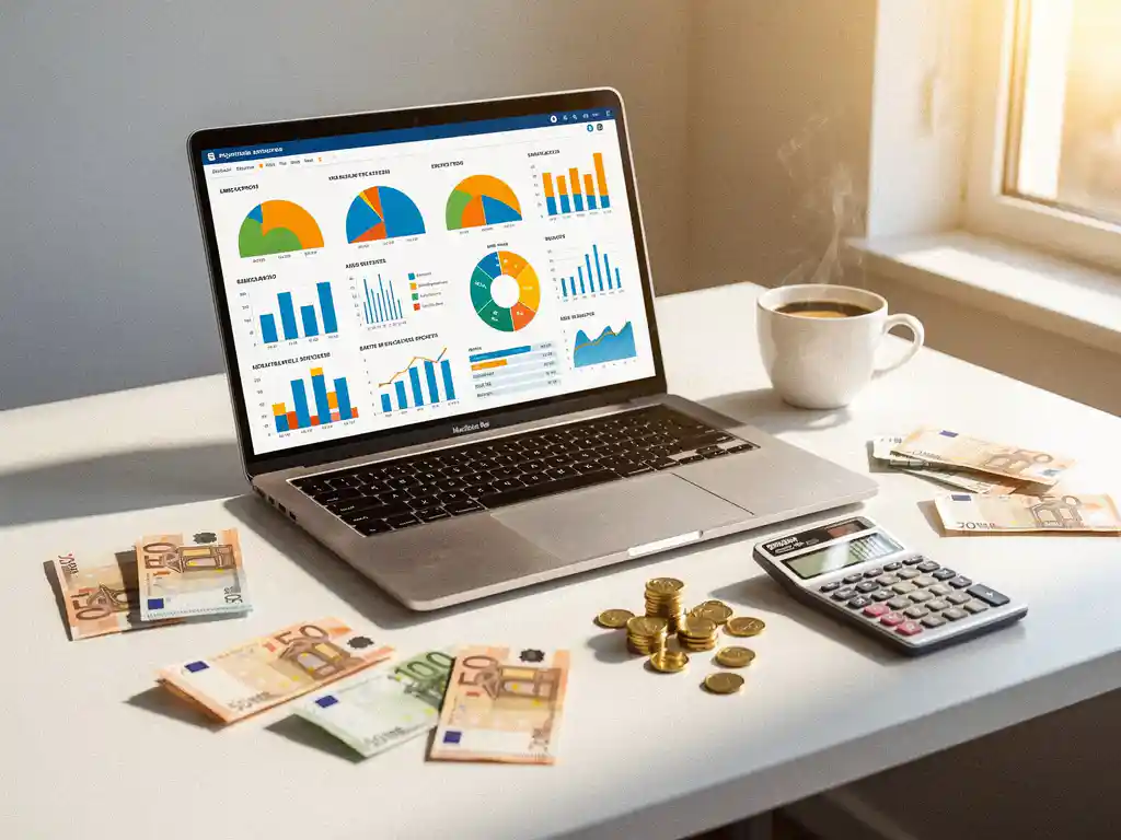 uitgaven-tracking-laptop-budget-grafieken.jpg Laptop met kleurrijke uitgavengrafieken op wit bureau omringd door eurobiljetten, munten, rekenmachine en koffiekop