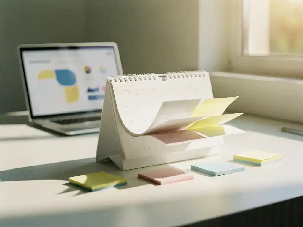 Witte bureaukalender met opgewaaide pagina's en kleurrijke sticky notes, laptop met dashboard op achtergrond