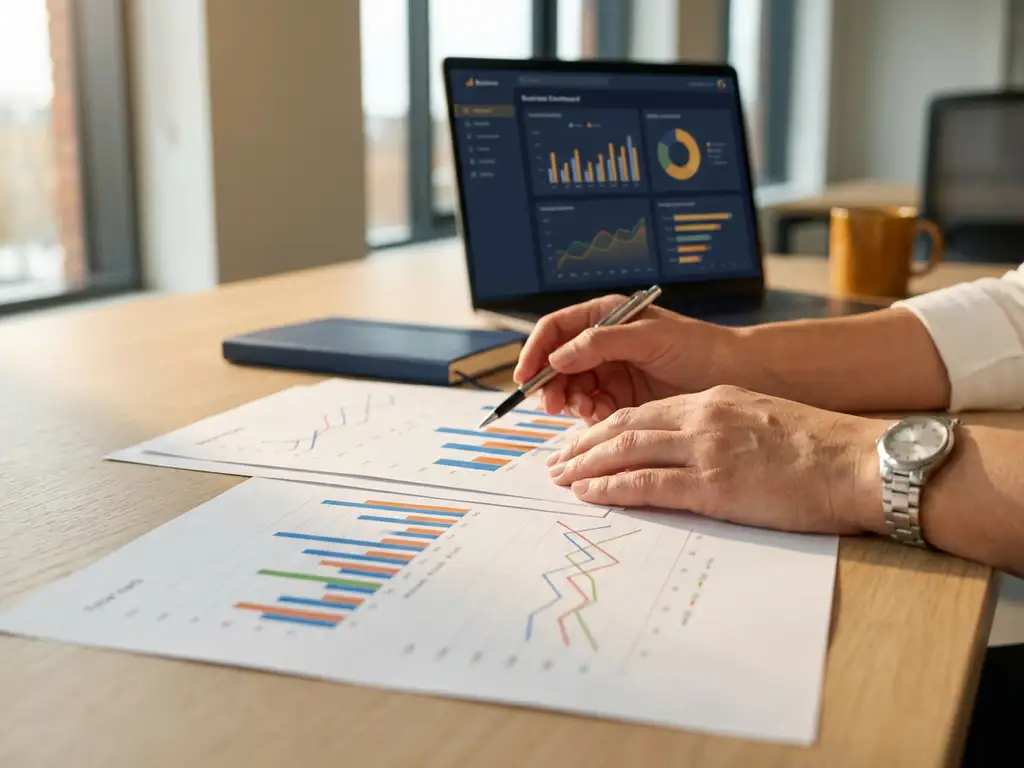 Zakenvrouw analyseert kleurrijke staafdiagrammen en lijngrafieken op papier, laptop met dashboard op eiken bureau