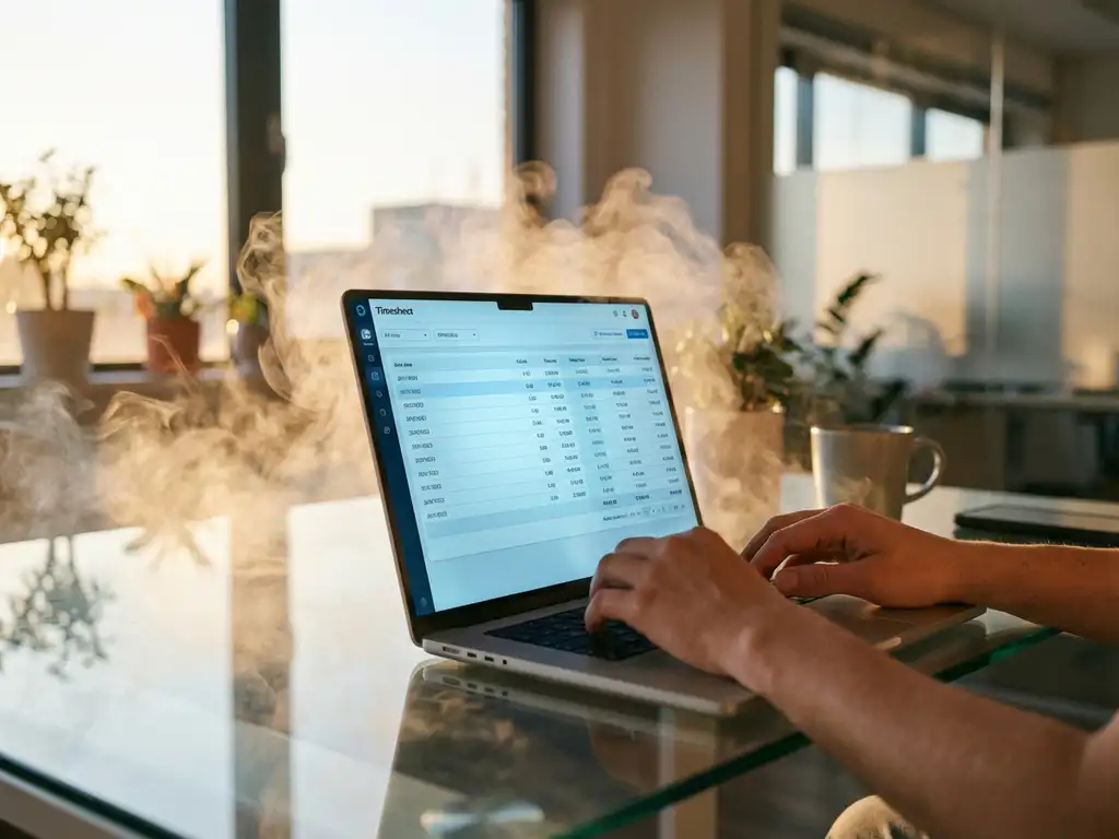 tijdregistratie-cloud-beveiliging-laptop-kantoor.jpg Laptop met digitale urenregistratie-interface op glazen bureau, omgeven door witte damp die cloudbeveiliging symboliseert