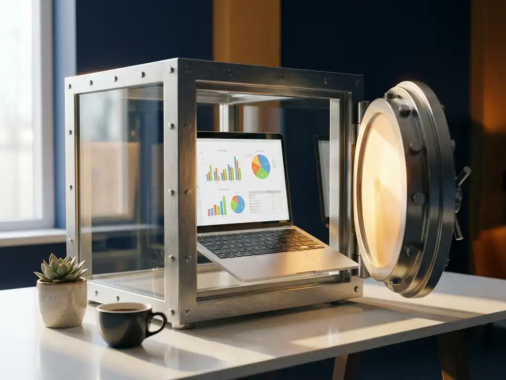 Moderne laptop met kleurrijke datagrafieken in glazen kluis met stalen verstevigingen, succulent en koffiekop op wit bureau