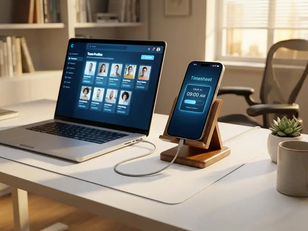 tijdregistratie-app-werknemersprofielen-kantoor-technologie.jpg Moderne smartphone met digitale urenstaat naast laptop met werknemersprofielen op wit bureau in professionele werkruimte