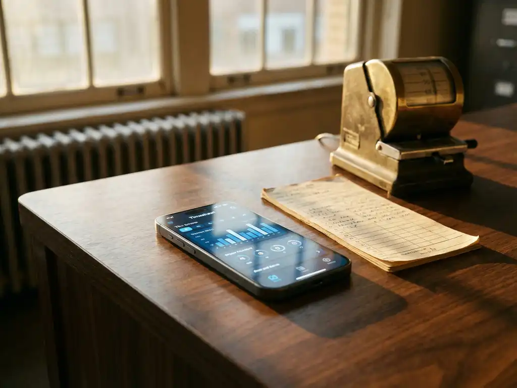 Moderne smartphone met digitale urenregistratie-app op houten bureau naast papieren tijdkaart en vintage prikklok