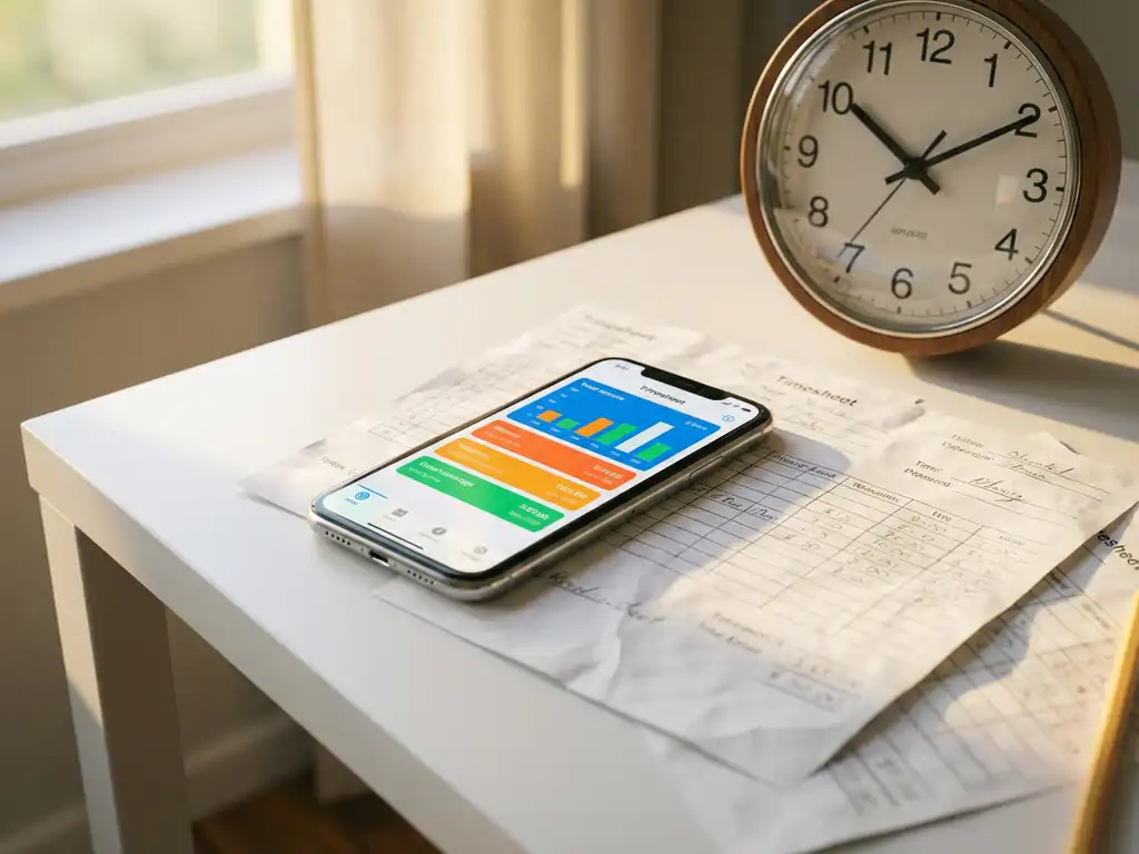 Smartphone met digitale urenregistratie-app op wit bureau naast analoge klok en papieren urenstaten