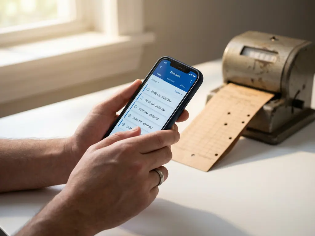 digitale-urenregistratie-smartphone-kantoor-werkplek.jpg Hand houdt smartphone met digitale urenregistratie-app boven kantoorbureau met traditionele prikklok en papieren tijdkaart