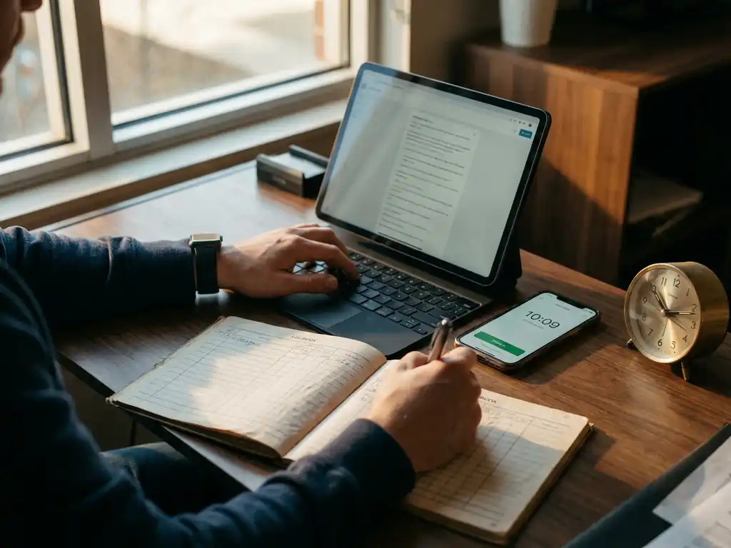 Handen typen op laptop terwijl ze schrijven in papieren urenregistratie logboek, smartphone met tijdregistratie-app naast analoge klok