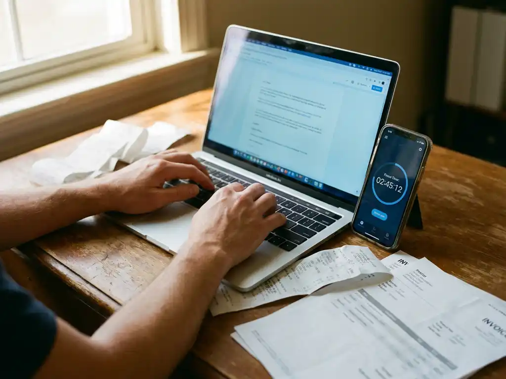 Freelancer typt op laptop toetsenbord naast smartphone met tijdregistratie app, facturen op houten bureau
