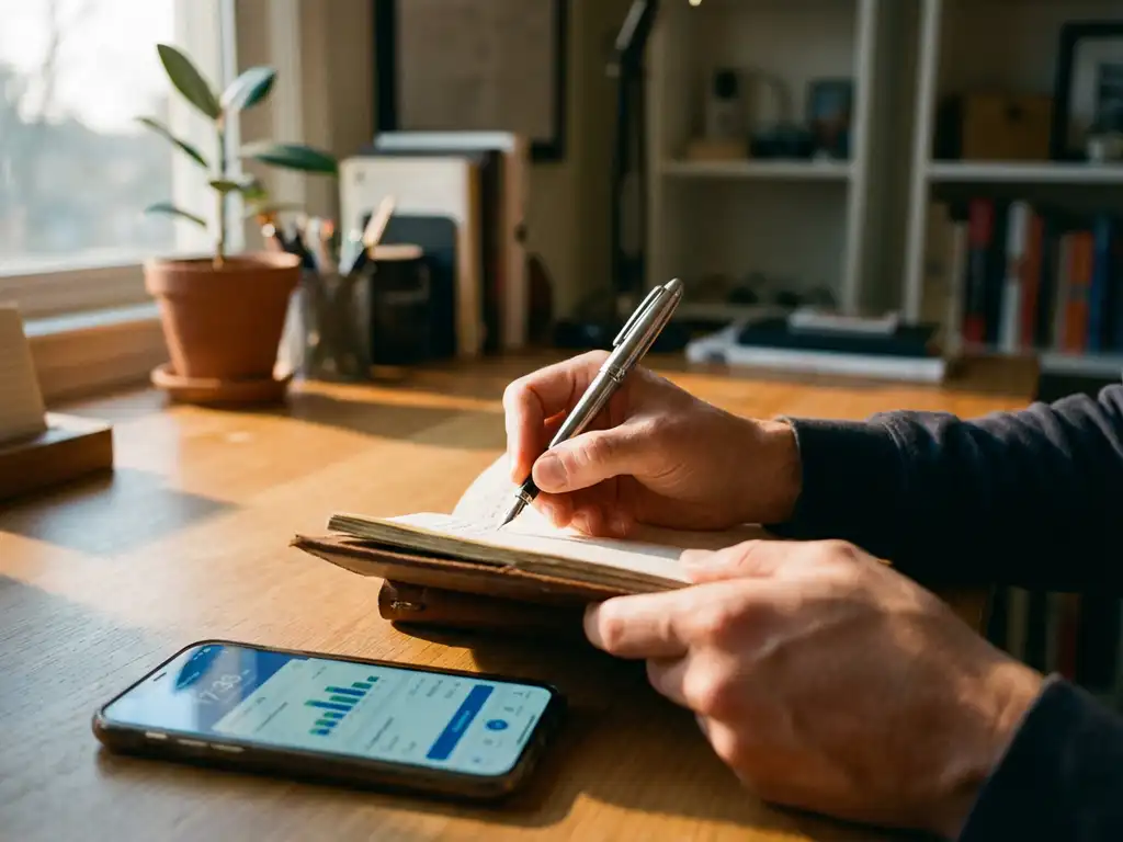 tijdregistratie-freelancer-logboek-app-bureau.jpg Freelancer schrijft tijdregistratie in leren logboek met zilveren pen, smartphone met time tracking app ernaast op houten bureau