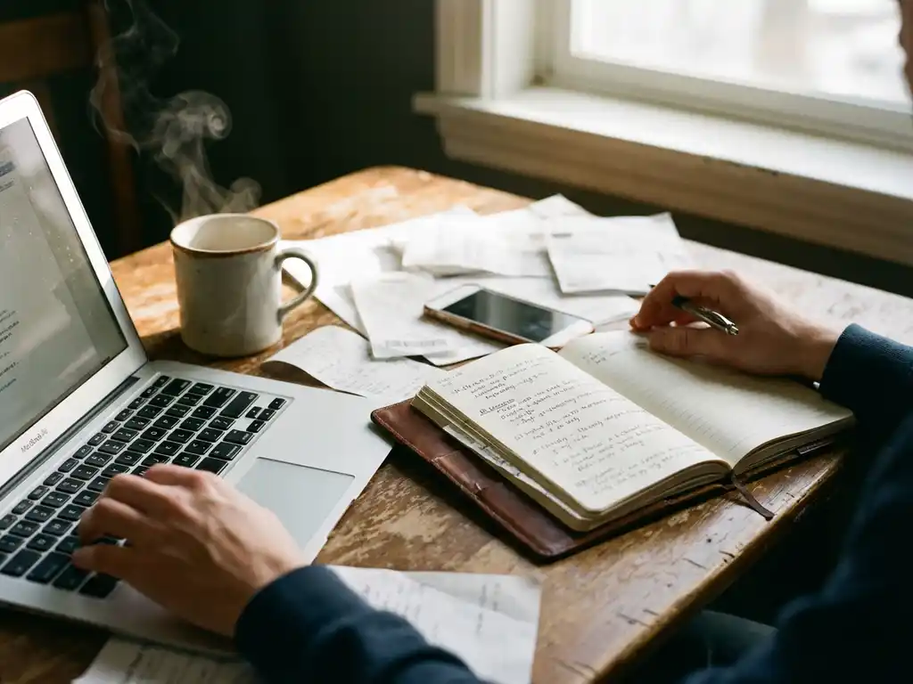 Freelancer typt op laptop terwijl hij schrijft in leren timesheet notitieboek, koffiedamp stijgt op, facturen verspreid over houten bureauoppervlak