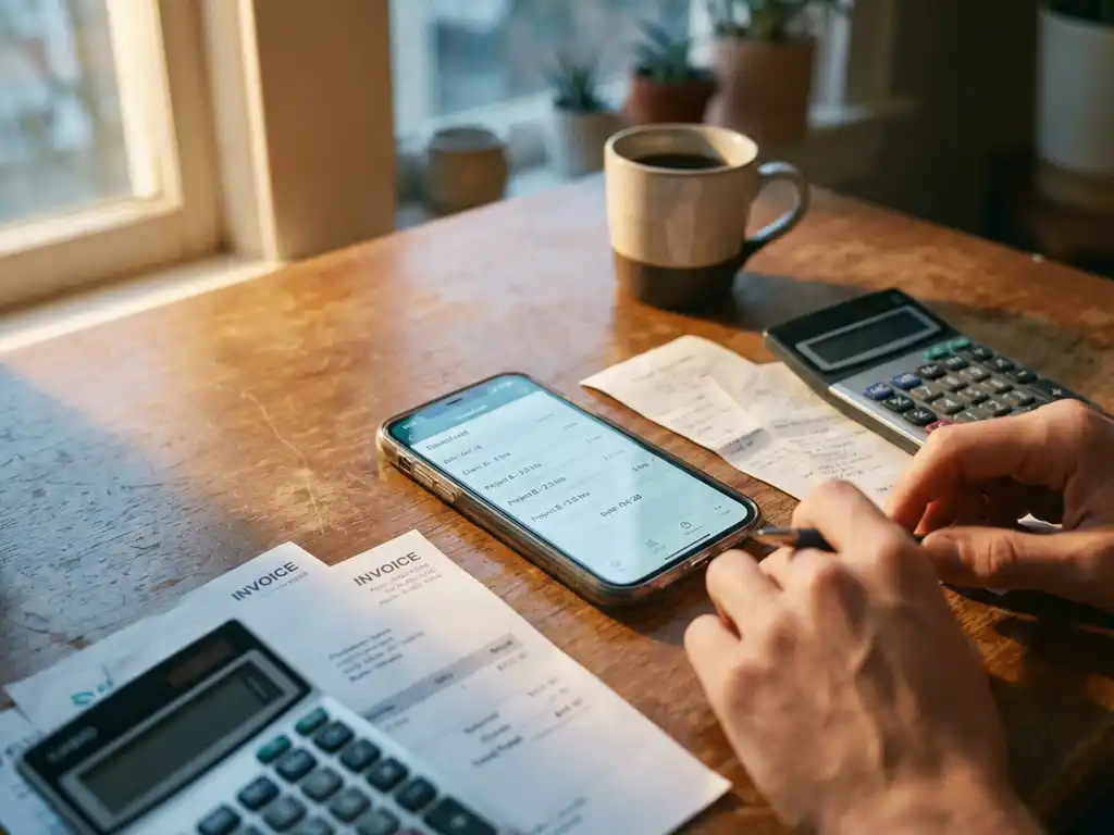 Freelancer's smartphone met digitale urenregistratie-app op houten bureau naast facturen, bonnetjes, rekenmachine en koffiekopje