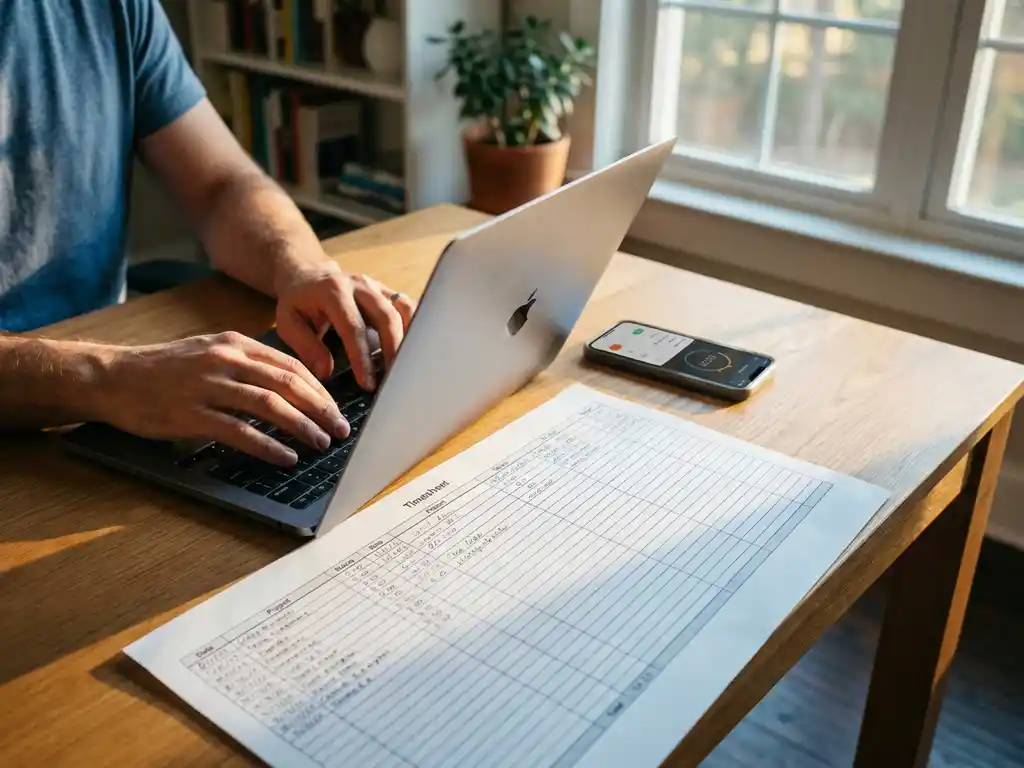 Freelancer typt op laptop toetsenbord naast timesheet op houten bureau met smartphone tijdregistratie app in warm kantoorlicht