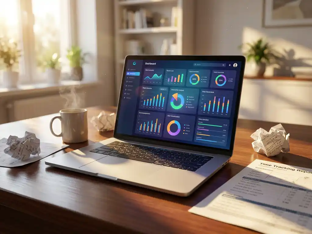 tijdregistratie-dashboard-laptop-analytics-rapport.jpg Laptop met kleurrijke dashboard analytics op houten bureau met tijdregistratie rapporten en koffiekop in ochtendlicht