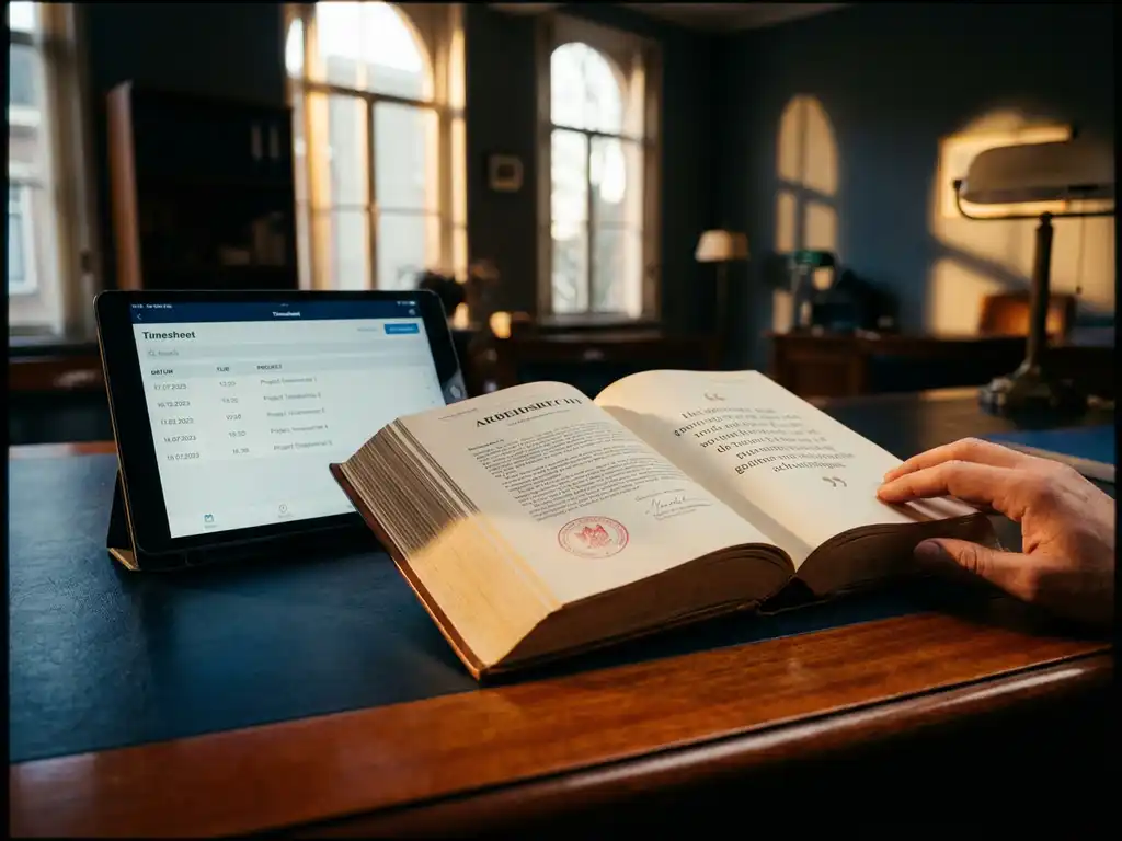 Open Nederlands arbeidsrecht boek naast tablet met digitale urenregistratie op houten bureau, warme middagzon door kantoorvensters