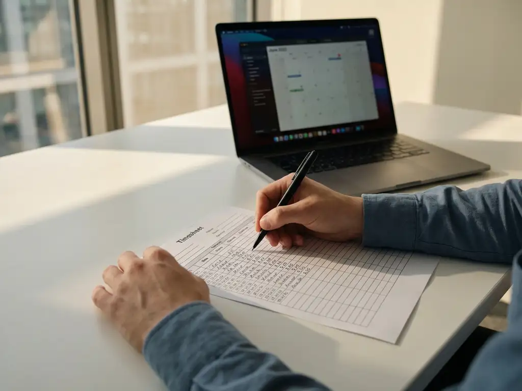 urenregistratie-overuren-administratie-kantoor-planning.jpg Professionele handen vullen zorgvuldig een gedetailleerde urenregistratie in op een wit bureau, laptop met planningssoftware op achtergrond